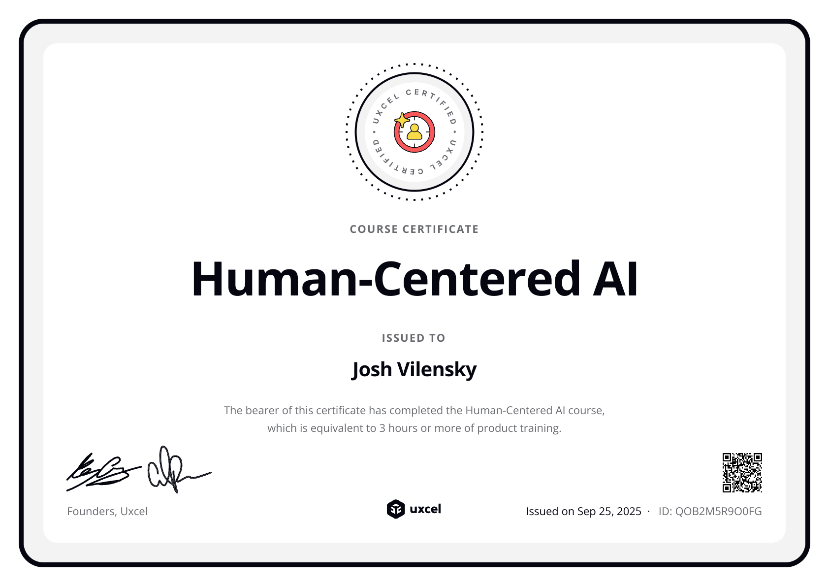 Josh Vilensky's certificate